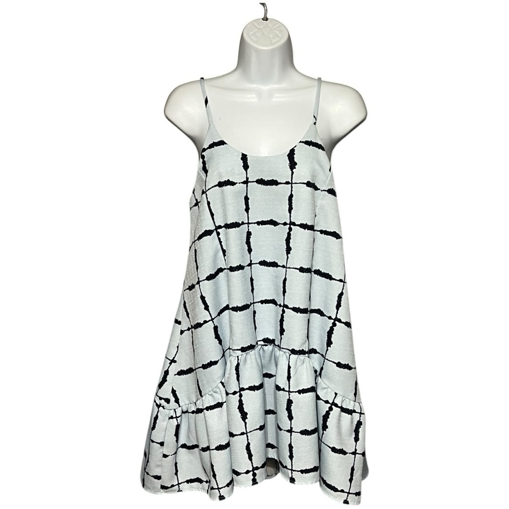 J. J.O.A Blue Grid Plaid Babydoll Dress, Spaghetti Straps & Lace-Up Back, Small